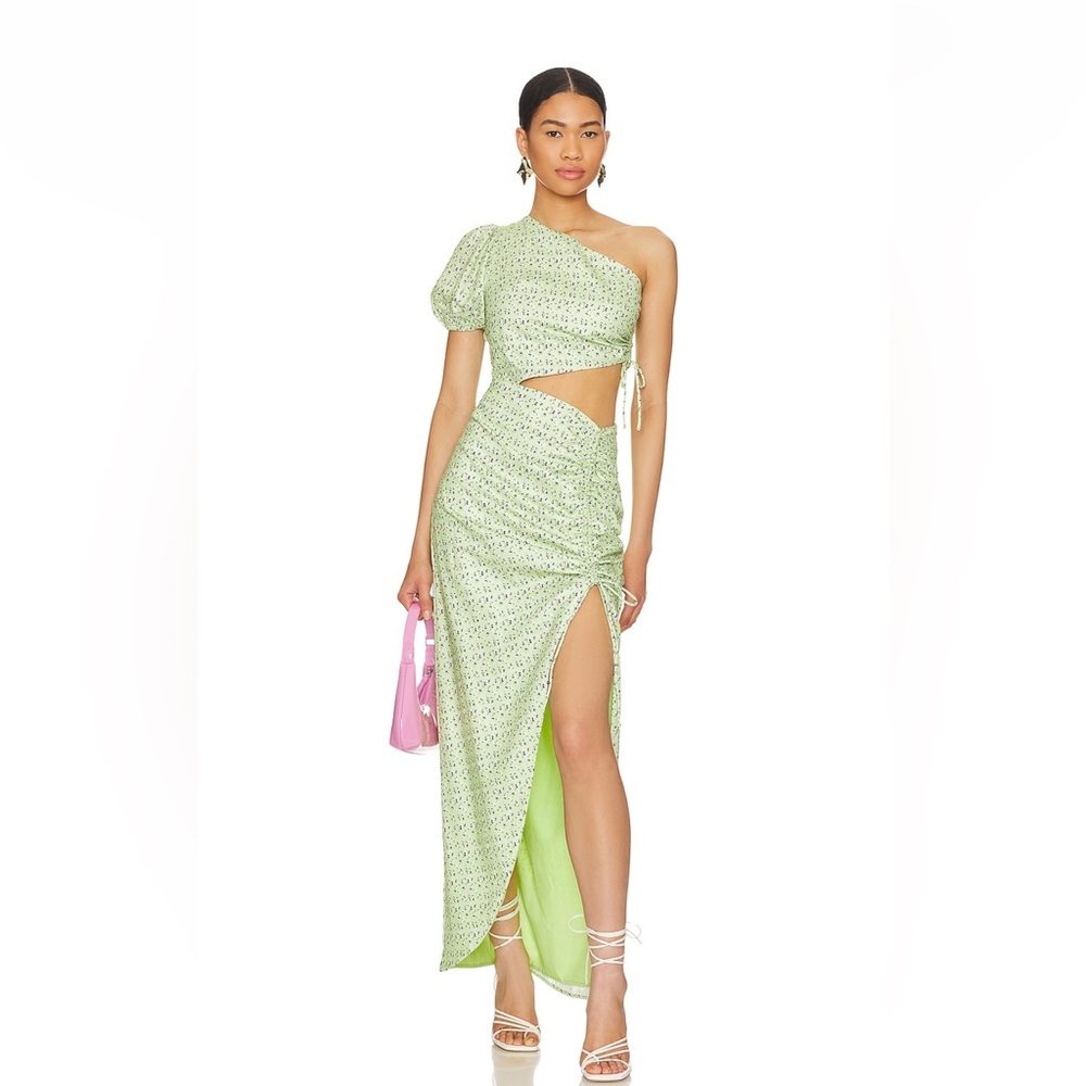 REVOLVE One-Shoulder Cutout Maxi Dress in Light Green Floral- Small
